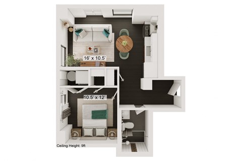 Floor plan for 1 bed, 1 bath, 507 sqft
